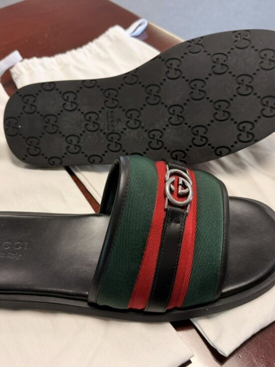 Gucci Men\'s Web Slide Sandals--Black Leather with Signature Stripe main image 6